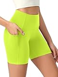ODODOS Women's High Waist Lounge Yoga Shorts with Pockets, 6' Buttery Soft Biker Shorts, Neon Green Yellow, Large