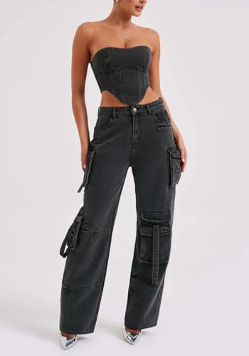 Cargo Jeans for Women Low Rise Baggy Jeans Y2K Multi-Pockets Straight Leg Casual Cargo Pants3
