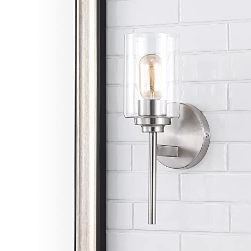 Image of JONATHAN Y 13 inch Nickel /Clear Industrial Farmhouse LED Wall Sconce, with Clear Glass Cylinder Shade, 1-Light Iron Vanity Light for Bathroom Mirror Hallway Bedroom (JYL9547C)