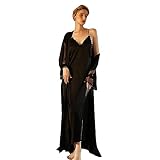 Generisch Bata de mujer sexy camisón largo bata de dormir monocolor satén albornoz seda kimono vestido mujeres verano túnica ropa de casa manga encaje ropa de dormir albornoz de viaje, Negro , S