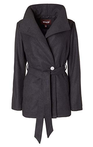 Sportoli Womens Wool Look Single Breasted Asymmetric Belted Dress Wrap Pea Coat - Charcoal (Size X-Large)