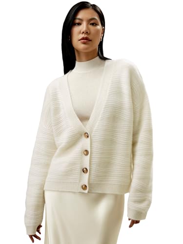 LilySilk 100% Cashmere Cardigan for Women Elegant V-Neck Drop Shoulder Button Front Outwear Top