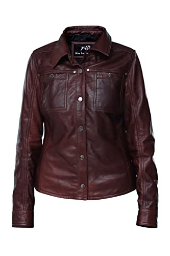 Jild Womens Button Front Lambskin Leather Jacket Shacket - Casual Shirt Long Sleeve Leather Jacket Women with Bust Pocket