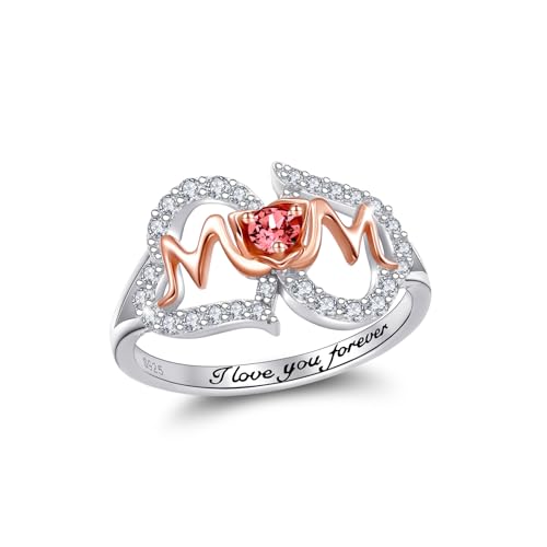 Mothers Ring 925 Sterling Silver Double Heart Red Birthstone I Love You Forever Mom Rings Jewelry Birthday Mothers Day Gifts for Women Mother Grandma Size 6-9