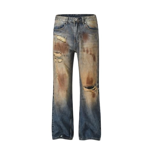 Jeans Pants Trousers Denim Street Trendy Spray Personalized Dirty Hole Retro Straight Leg for Men