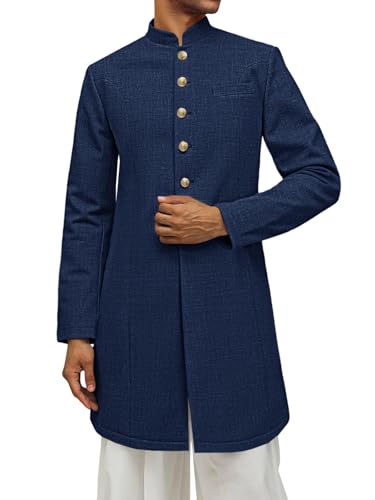 Runcati Mens Kurta Coats Indian Mandarin Collar Attire Ethnic Outfits Wedding Festive Party Clothing Casual Kaftan Robe Navy