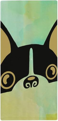 フェイスタオル フレンチブルドッグ 可愛い 犬柄 油絵 タオル 35X73cm 長め 大きめ ハンドタオル サンゴフリース生地 耐久性 ふわふわ ソフト 柔らか肌触り 肌に優しい やわらか 軽い 薄手 乾きやすい 抗菌防臭 家庭用、温泉、砂浜、スポーツなど