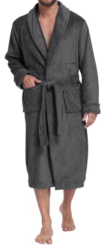 PrinStory Mens Robe Plush Fleece Soft Warm Long Fluffy Bathrobe Dark Gray
