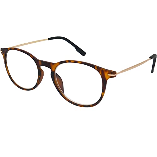 Mini Brille, Nerd Reading Glasses with Large Round Lenses, FREE Pouch, Plastic Frame with Metal Temples (Tortoiseshell brown)