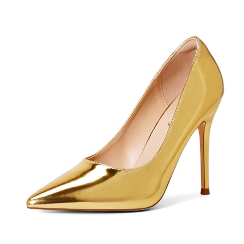 Elisabet Tang Womens High Heels Pumps Closed Pointed Toe Stiletto 4inch Heels Classic Office Special Dressy Wedding Pump Shoes Gold 8