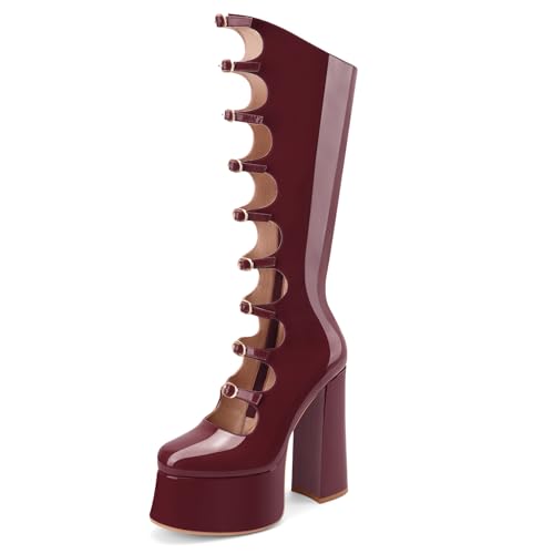 Z.Oufeier Women's Gothic Lolita High Chunky Block Heel Platform Knee High Boots Buckle Strap Patent Leather Heeled Long Boots (Maroon Burgundy Wine,7)