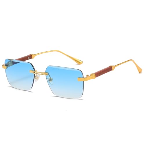 kachawoo Holz-ähnliche Beine Sonnenbrille Randlose rahmenlose Sonnenschirme Metall Quadrat Sonnenbrille für Männer Frauen Eyewear UV400 Linse (gold with blue)