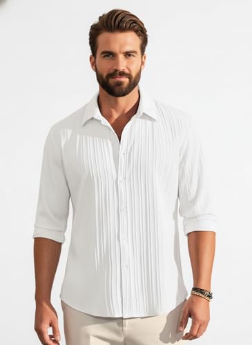 Image of Amazon Brand - INKAST Men's Casual Button Down Shirts Long Sleeve Linen Shirt Fashion Textured Beach Summer Shirt