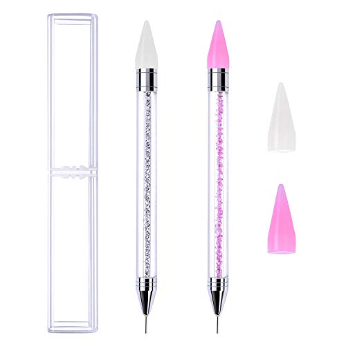 Elcoho 2 Pack Silicone Rhinestone Picker Dotting Pen with Storage Box and 2 Pieces Silicone Replacement Pen Head Acrylic Handle Nail Art DIY Decoration Tool (Pink +Transparent white+red)
