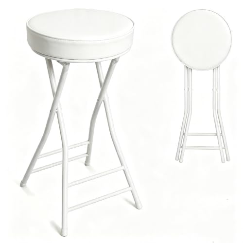 Image of Folding Bar Stool,24 Inch Tall Foldable Stool Chair,Counter Height Cushioned Leather Padded Portable Stools,Heavy Duty Collapsible Stools for Kitchen Island Garden Camping White