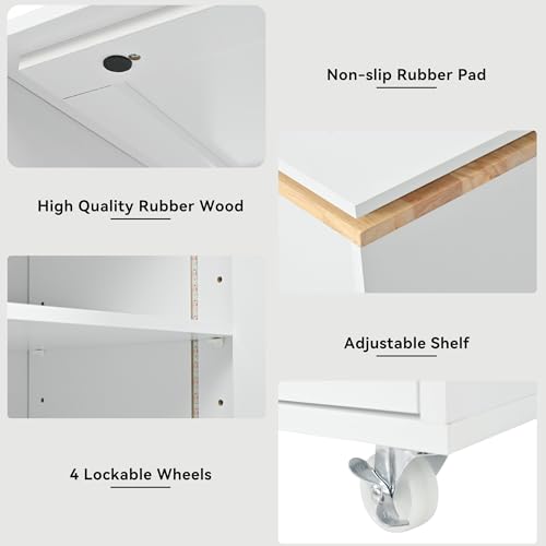 LUMISOL Kitchen Island with Extended Table, Rolling Kitchen Cart with Storage Cabinet and 3 Open Shelves, Side Table with Power Outlets and LED Lights, for Dining Room, White