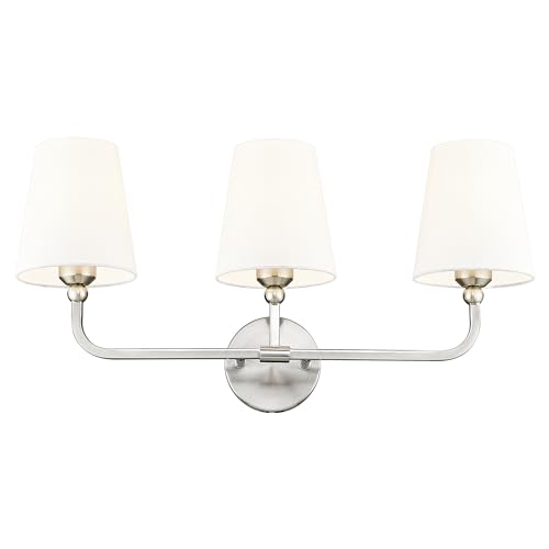 Image of Bathroom Light Fixtures, Brushed Nickel Vanity Lights with Flared White Fabric Shade, 3 Light Wall Sconce, Modern Sconces Wall Lighting for Hallway Bedroom, VL837-BN-3