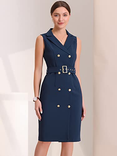 Allegra K Women's Sleeveless Notched Lapel Double Breasted Belted Work Office Blazer Dress X-Large Navy Blue #TOP1