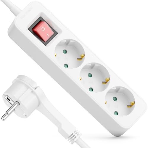 deleyCON Regleta 3 Tomas con Enchufe Plano - 1,4m Cable - con Interruptor ON/Off - Ideal Detrás Muebles, Base Múltiple Corriente Distribuidor Extensión Regleta 3680W 16A - Blanco