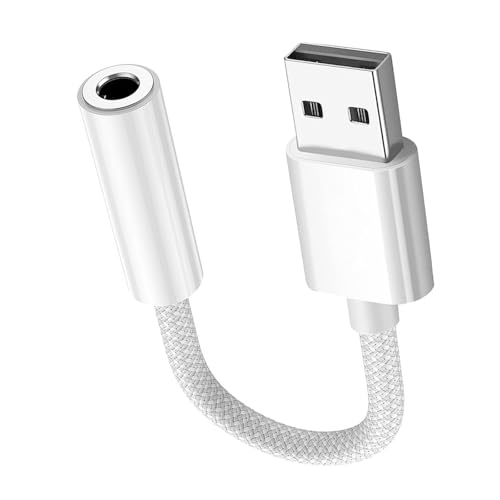 Fidioto Cable adaptador USB A a conector de audio de 5.4 pulgadas, cable trenzado blanco USB a conector de audio de 3.5 mm, compatible con altavoz, auriculares, PC, laptop, Linux, computadoras de