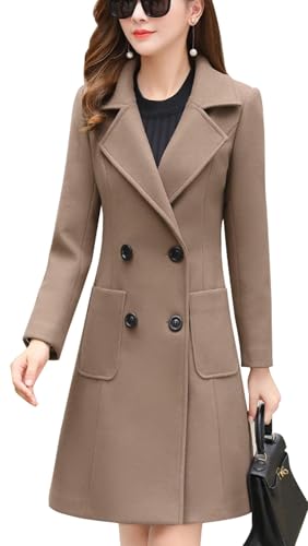 chouyatou Women Elegant Notched Collar Double Breasted Wool Blend Over Coat