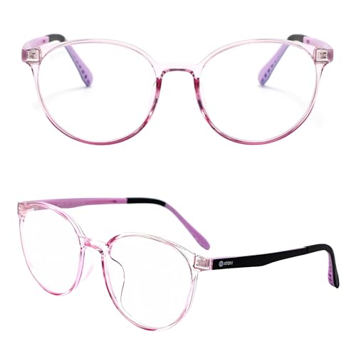 ATOM Gafas de bloqueo de luz azul para niños de 5 a 12 años | Gafas de montura para niños y niñas, Rosa transparente, negro y morado, 55-15-135