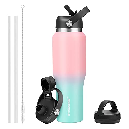 Image of HYDROWION 32oz Water Bottle, Double Wall Vacuum Stainless Steel Insulated Water Flask with Straw Lid, Spout Lid and Flex Cap(Cold for 48 Hrs, Hot for 24 Hrs), Leakproof Travel Thermo Mug, Pink&Blue