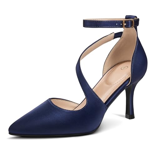 mysoft Women's Pumps Pointed Toe Stiletto Ankle Strap Closed Toe Low Heel Wedding Party Dress Shoes Navy