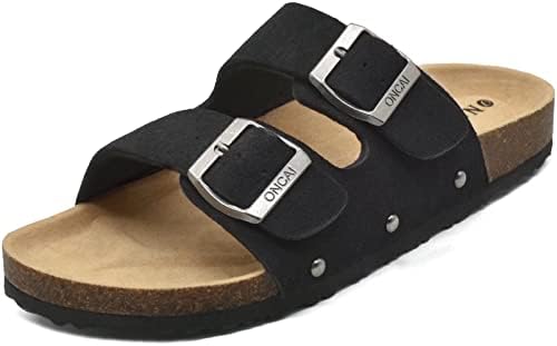 ONCAI Womens Comfortable Sandals Knock Off Clogs Sandals Women Dressy Summer Flat with Arch Support Two Strap Slip On Adjustable Buckle Slides Shoes for Women Black Size 11