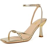 RIBONGZ Gold Heels for Women Strappy Kitten Heels Square Open Toe High Heeled Lace Up Sandals with Ankle Strap Elegant Summer Wedding Party Prom Work Daily Wear Dress Shoes 8