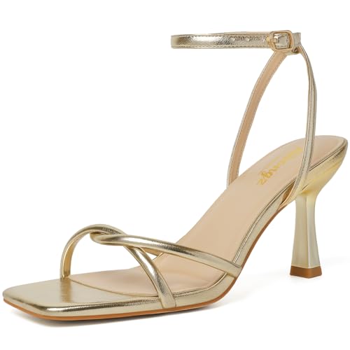 RIBONGZ Women's Heeled Sandals Square Open Toe Kitten Strappy Heels with Ankle Strap Elegant Summer Wedding Party Evening Prom Daily Wear Lace Up Dress Shoes