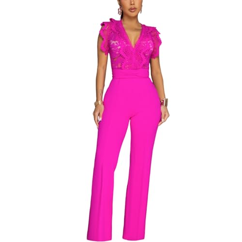 QZKLWG Women's fashionable V-neck lace patchwork sleeveless sports and fitness elegant jumpsuit