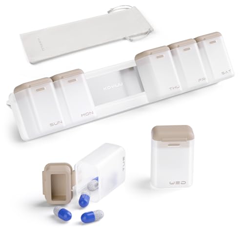 KOVIUU Weekly Pill Organizer Magnetic for Fridge Removable Pill Box 7 Day 1 Time a Day Large Pill Case Travel Week Once Daily Dispenser Medicine Container Holder for Supplement Vitamin Brown