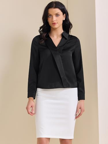 Allegra K Women's Satin Work Blouse Collar V Neck Long Sleeve Office Dressy Shirt3