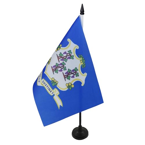 Connecticut Table Flag 5'' x 8'' - US state of Connecticut Desk Flag 21 x 14 cm - Black plastic stick and base - AZ FLAG