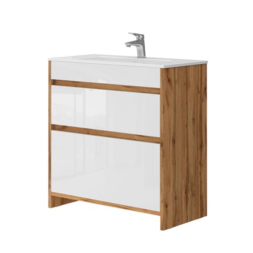 Vicco Meuble sous Vasque Detmold, Chêne de Force doré, 2 Parties, Meuble Bas 80 cm, composé d’Un Meuble sous-lavabo et d’Un lavabo