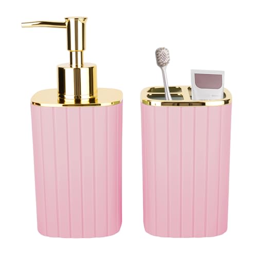 2PCS Bathroom Accessories Set Pink Bathroom Accessories Include Soap Dispenser and Toothbrush Holder for Boho Bathroom Decor