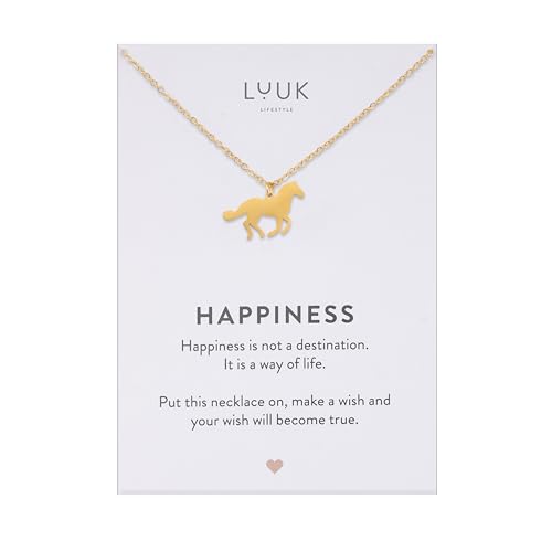 LUUK LIFESTYLE Halskette mit Pferd I Pony Motiv, Geschenkidee für Mädchen mit HAPPINESS Spruchkarte in schickem und dezentem Stil, Gold