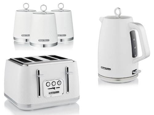 Swan Elegance White 1.7L Kettle, 4 Slice Toaster and Tea, Coffee, Sugar Canisters. Contemporary Matching Kitchen Set with a Textured Gloss Finish and Stainless Steel/Chrome Accents