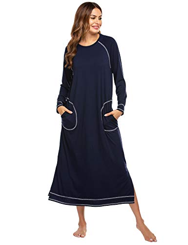 Ekouaer Nightgowns for Women Cotton Soft Long-Sleeve Long Women Sleepwear Nightdress Navy Blue