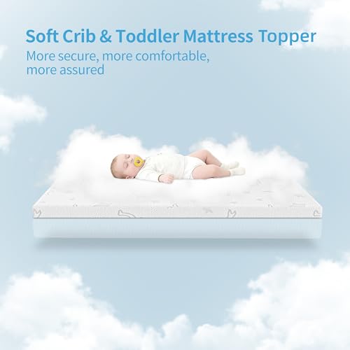 Image of Crib Mattress Topper 2 inch x 27.5 inch x 52 inch, High Density Foam Breathable Baby and Toddler Mattress Topper with Waterproof Removable and Washable Cover, Fits Standard Cribs and Toddler Beds