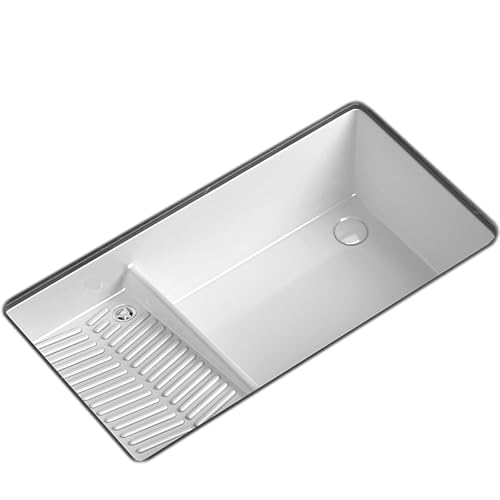 Fregadero de Lavandería Blanco con Tabla de Lavar Integrada, Un Solo Seno con Grifo Extraíble y Kit de Desagüe Completo, Lavabo Sobre Encimera para Cocina y Lavadero(48x38x14cm/18.9x15x5.5in)