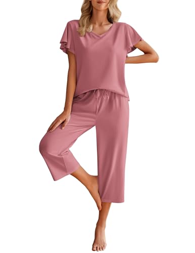 Image of Ekouaer Womens Cotton Pajamas Sets Short Sleeve Capri Pants with Pockets
