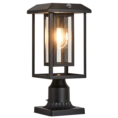 Solar Lamp Post Lights for Outdoor with Pier Mount Base, Dusk to Dawn Pole Light Head with Waterproof, Exterior Solar Powered Pillar Lights Fixture for Yard, Garden, Pathway, Black