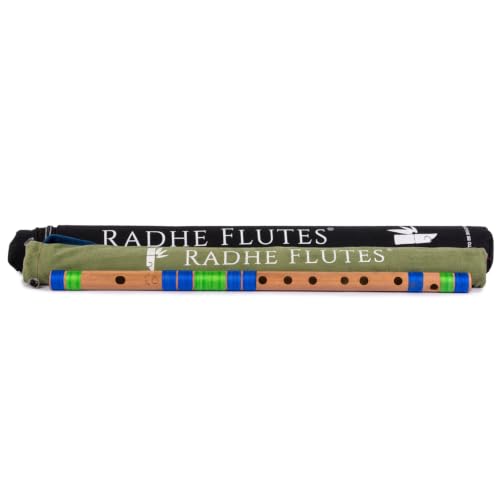 Image of Radhe Flutes Bamboo Bansuri C Sharp Right Handed Middle Octave (18 inch) With Hard Cover (Beige Flute With Blue & Green Threads)