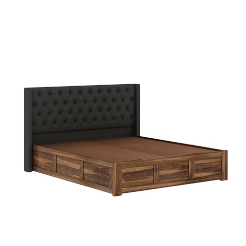 Image of Ganpati Arts Solid Sheesham Wood Swiss Queen Size Bed with Box Storage and Fabrio Style Tar Upholstered Headboard | Wooden Double Bed Cot Palang Furniture for Bedroom, Guest Room, Hotels, Home (Teak)