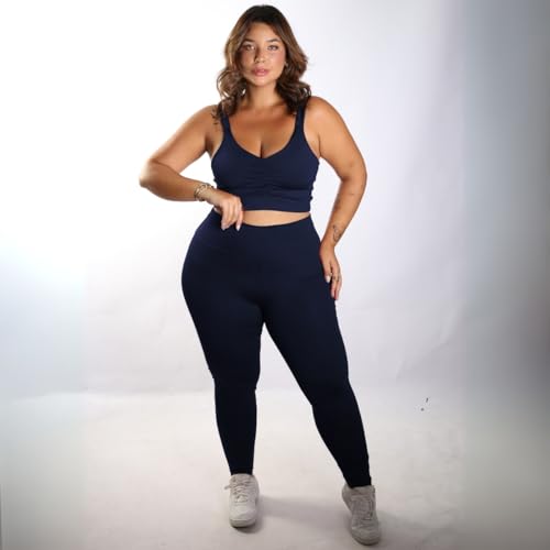 Conjunto Fitness Plus Size, Legging Cintura Alta e Top Franzido, Suplex, Preto (BR, Alfa, XG, Plus S