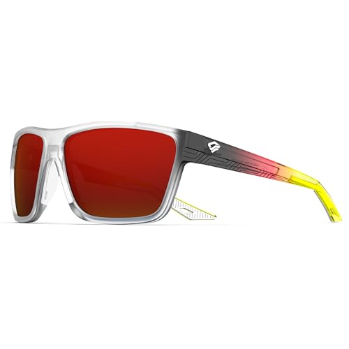 TOREGE Polarized Sports Sunglasses for Men & WomenUV400 Protection TR90 Frame Ideal for Fishing Cycling Running Driving (Transparent red yellow gradient &White&Black Red Lens C8)