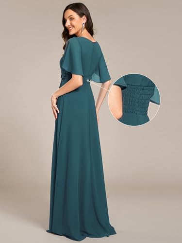 Image of Ever-Pretty Women's Classic Round Neck Pleated Short Sleeves Chiffon Appliques Floor Length A Line Formal Evening Dresses