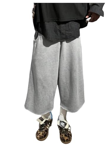 OYOANGLE Men's Elastic Waist Cropped Pants Workout Athletic Raw Trim Wide Leg Trousers with Pockets Streetwear